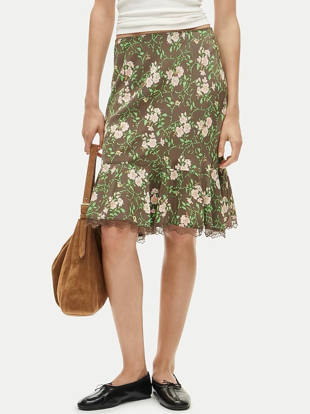 NWT J.Crew Slip skirt in Honeybee Floral Print in Peppercorn Green